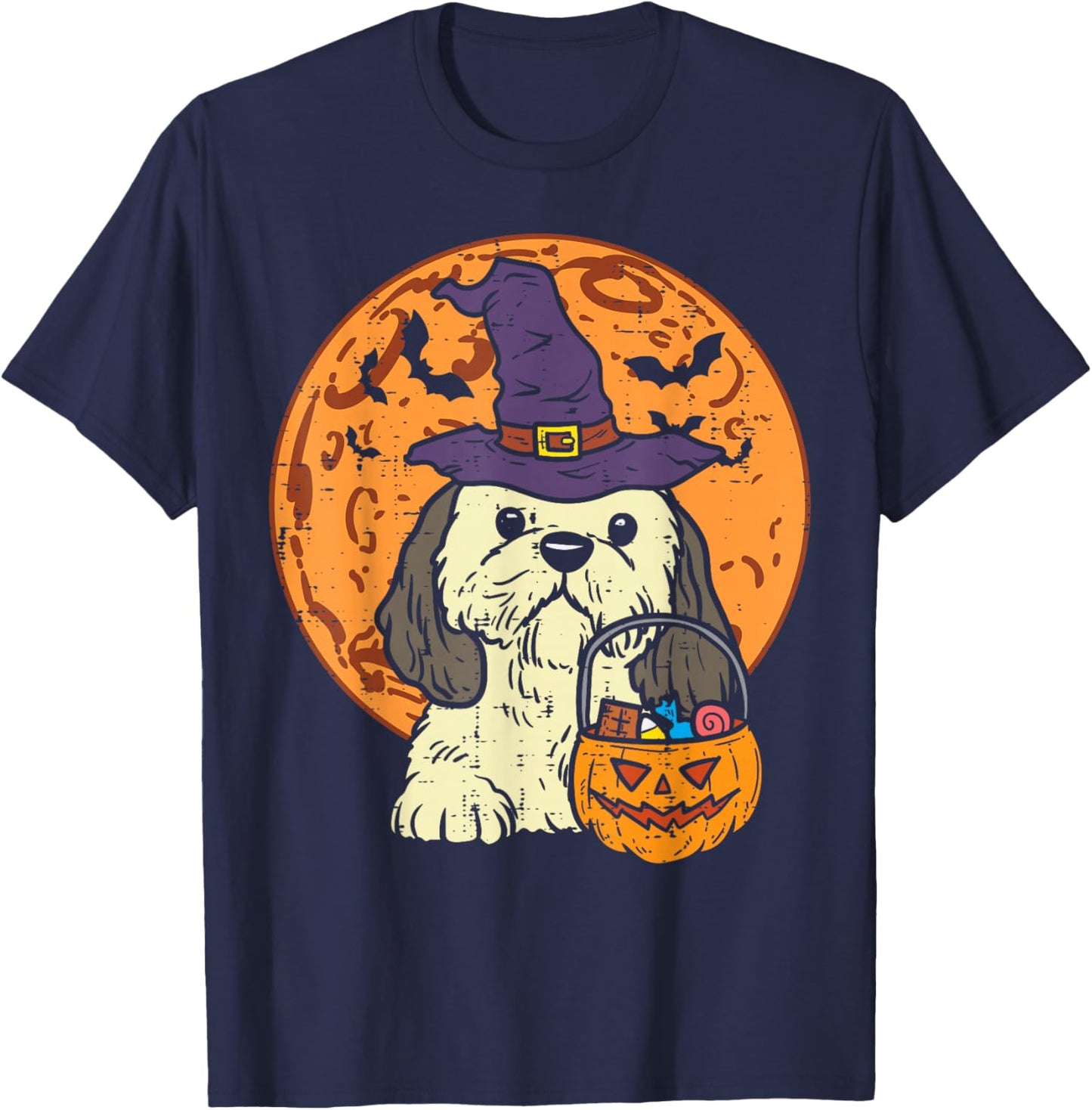Shih Tzu Witch Moon Jack O Lantern Halloween Dog Men Women T-Shirt - T-Shirt | Navy