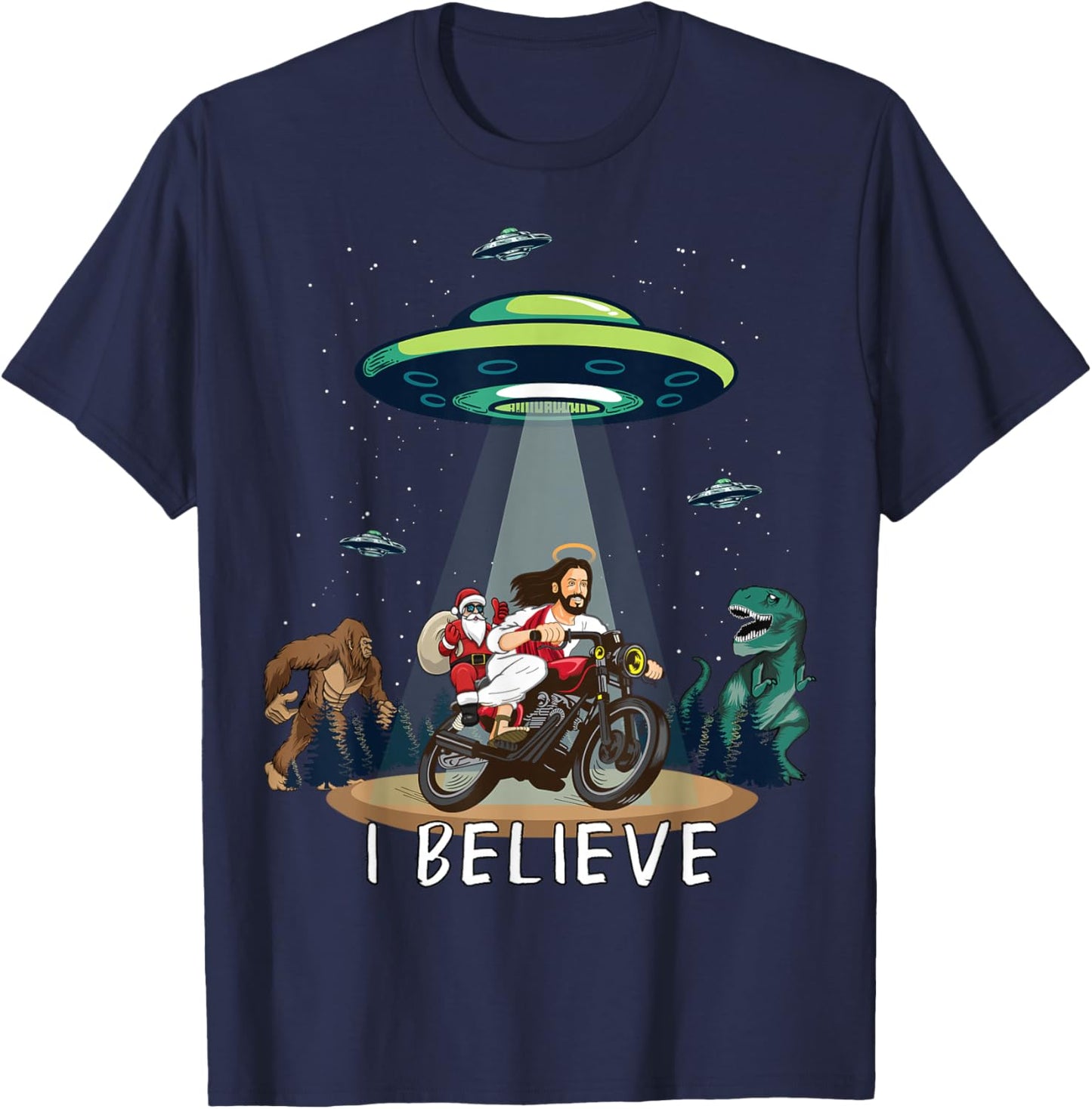 Believe Bigfoot Dinosaur Santa & Jesus Riding Bike Christmas T-Shirt - T-Shirt | Navy