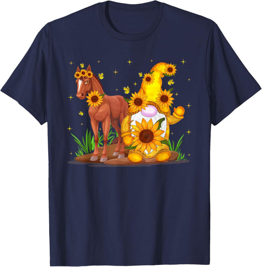 Cute Gnome and Horse Sunflower Funny Gnome Horse Builder T-Shirt - T-Shirt | Navy