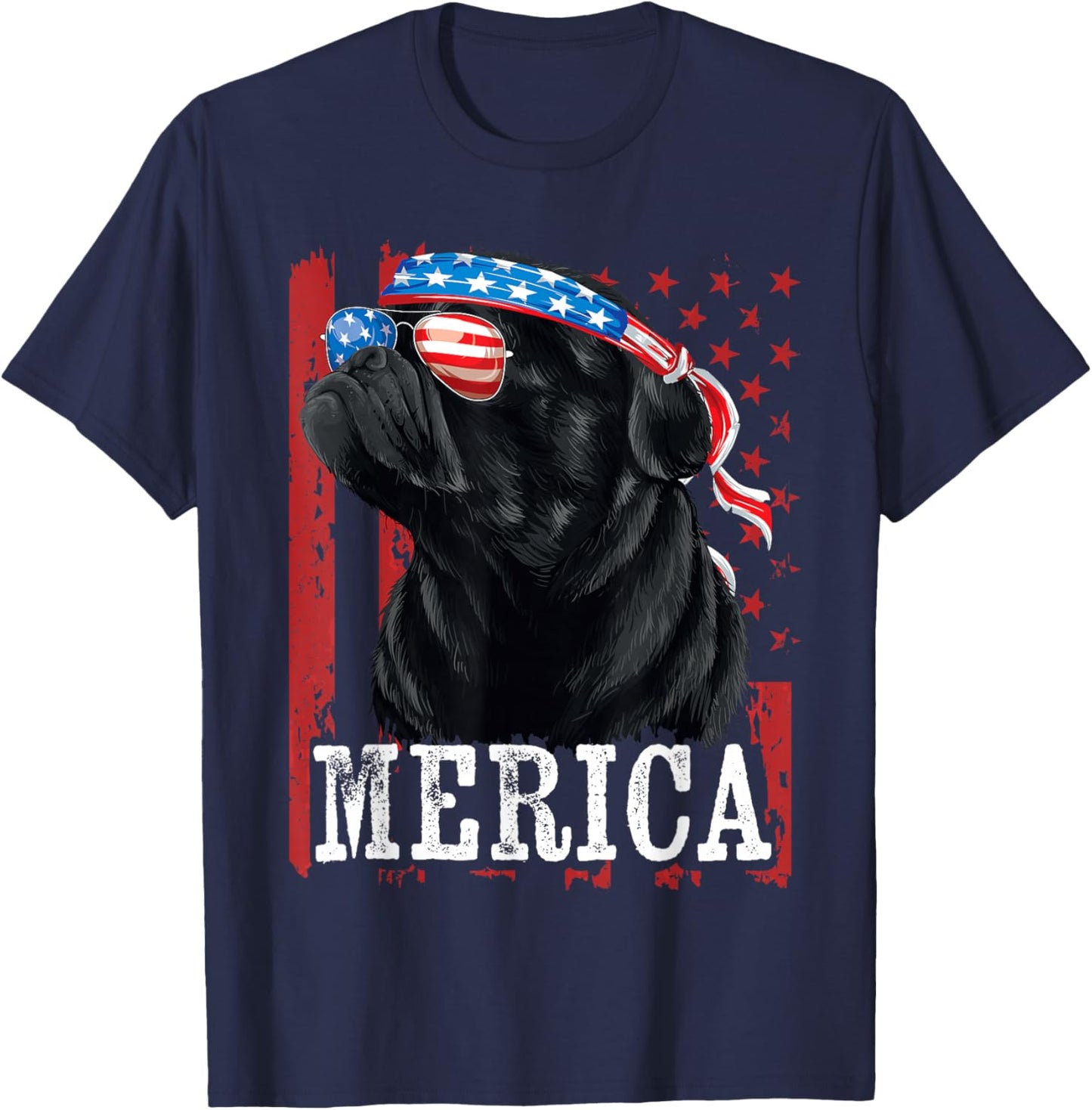Funny Black Pug 4th of July Dog Mom Dog Dad Merica USA Flag T-Shirt - T-Shirt | Navy