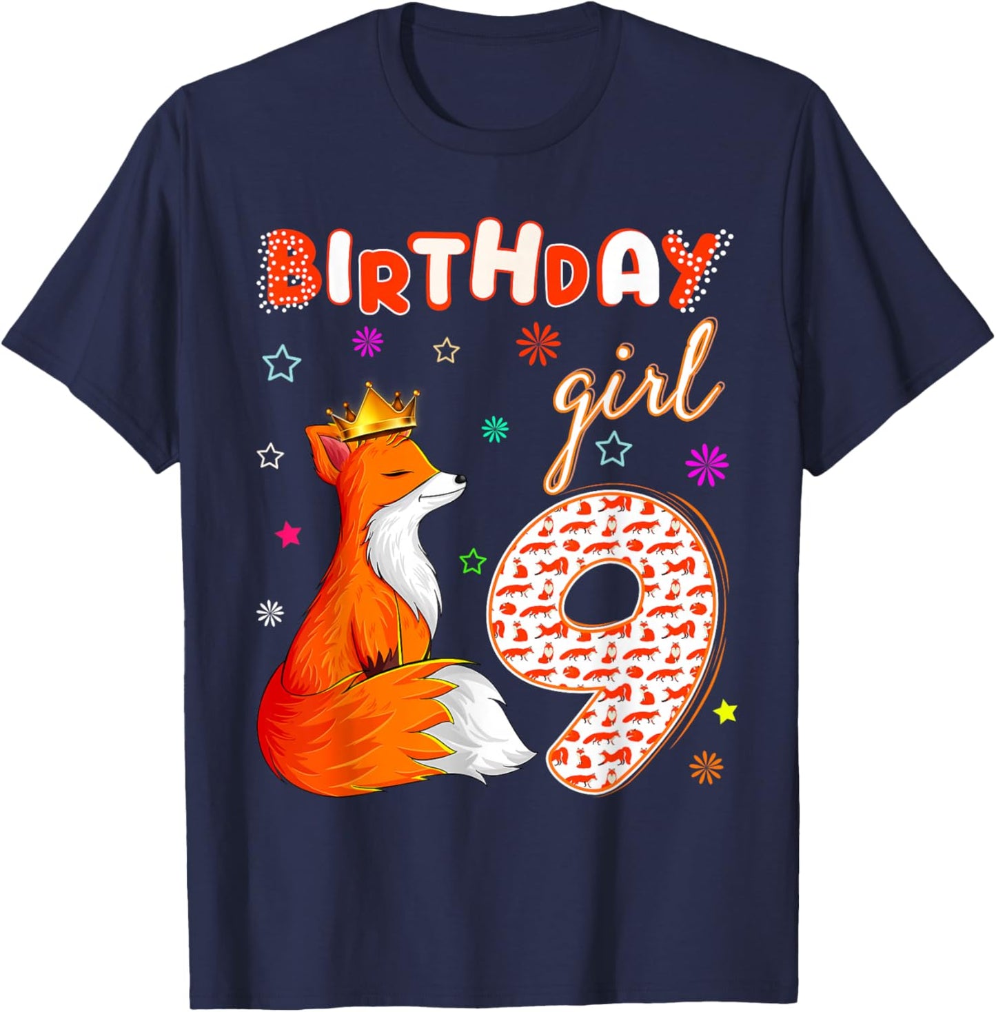 Animal Lovers 9th Birthday Girl Fox B-day 9 year old T-Shirt - T-Shirt | Navy
