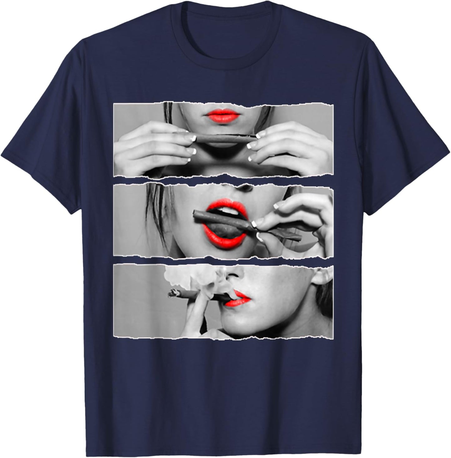 Gifts for Rolling Lovers Roll It Lick It Smoke It Red Lips Pretty Lady Smoking T-Shirt - T-Shirt | Navy