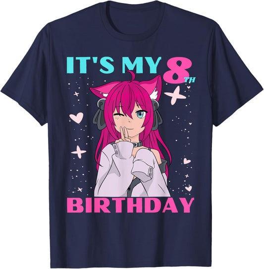 Anime Girl It's My 8th Birthday 8 Years Birthday Girl Kawaii T-Shirt - T-Shirt | Navy