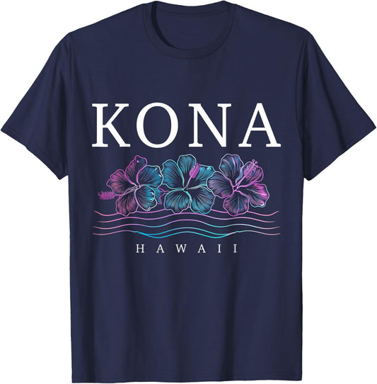 Kona Hawaii Hawaiian Hibiscus Flowers Surfer Souvenir T-Shirt - T-Shirt | Navy