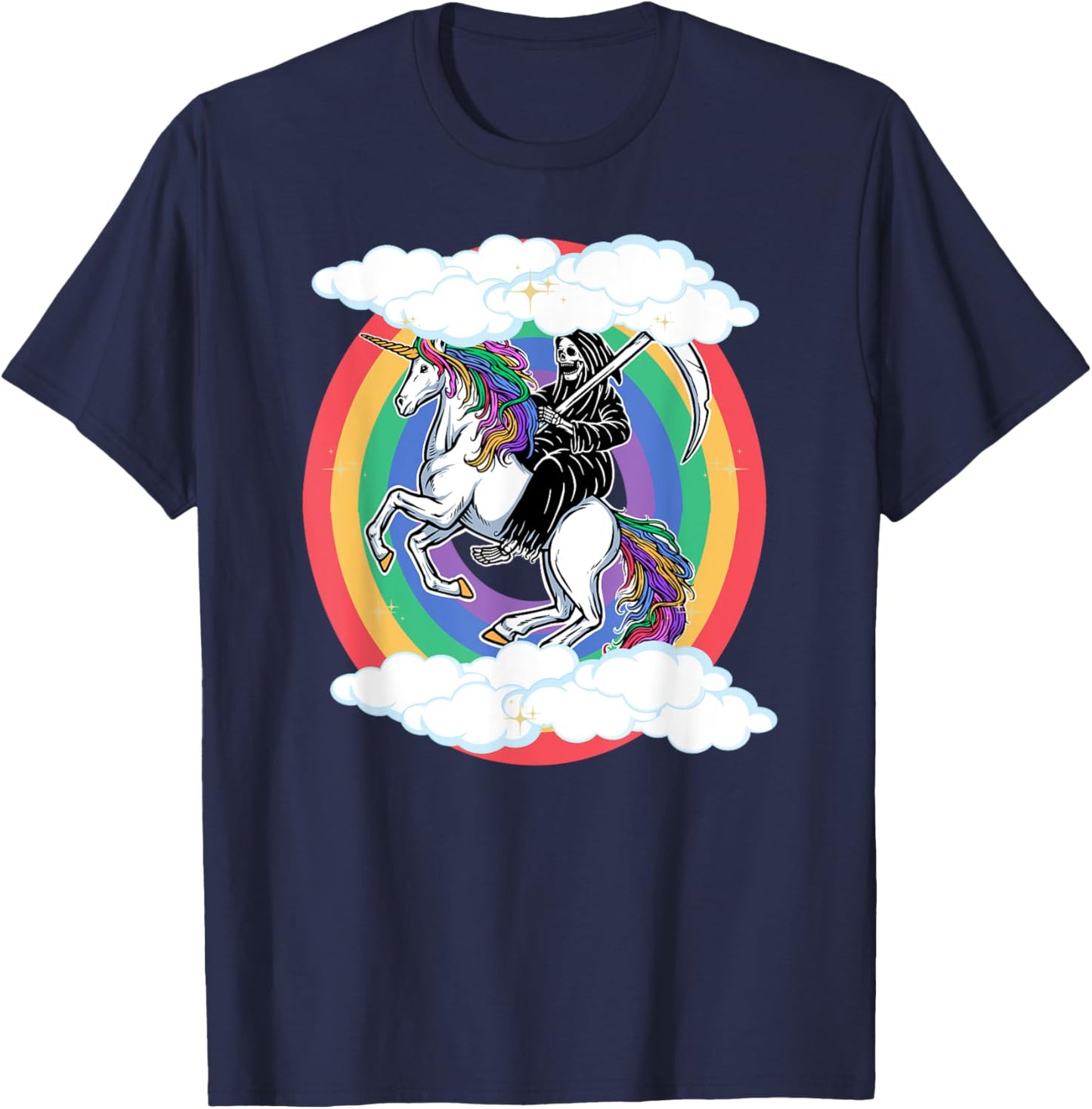 Skeleton Riding Unicorn Funny Unicorns Rainbow Lover Graphic T-Shirt - T-Shirt | Navy