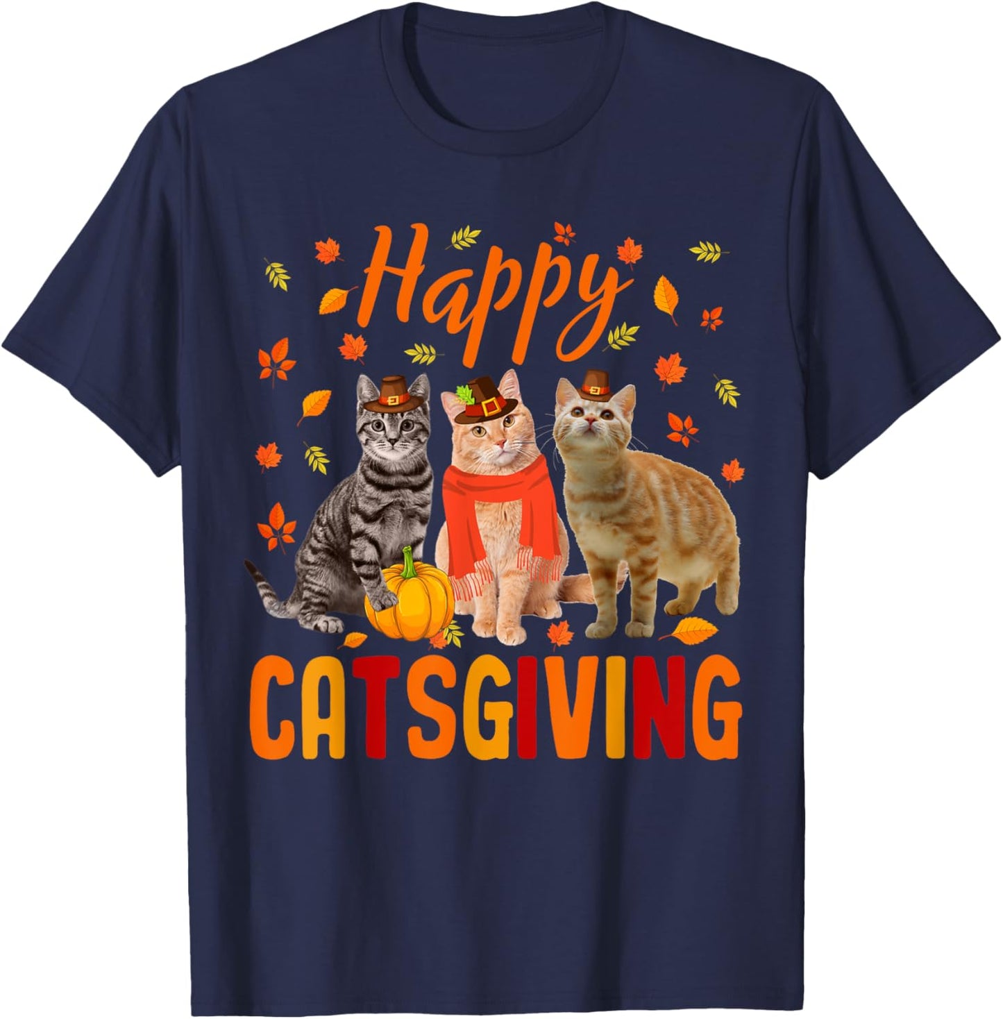 Happy Catsgiving Cute Thanksgiving Cat Wears Pilgrim Hat T-Shirt - T-Shirt | Navy