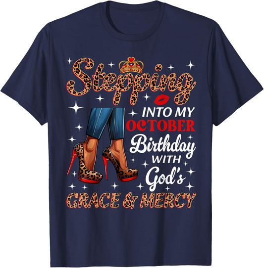 Stepping Into My October Birthday Afro Woman Leopard Heels T-Shirt - T-Shirt | Navy