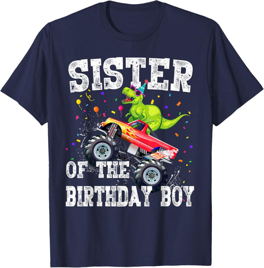 Sister of the Birthday Boy Dinosaur Monster Truck Family T-Shirt - T-Shirt | Navy