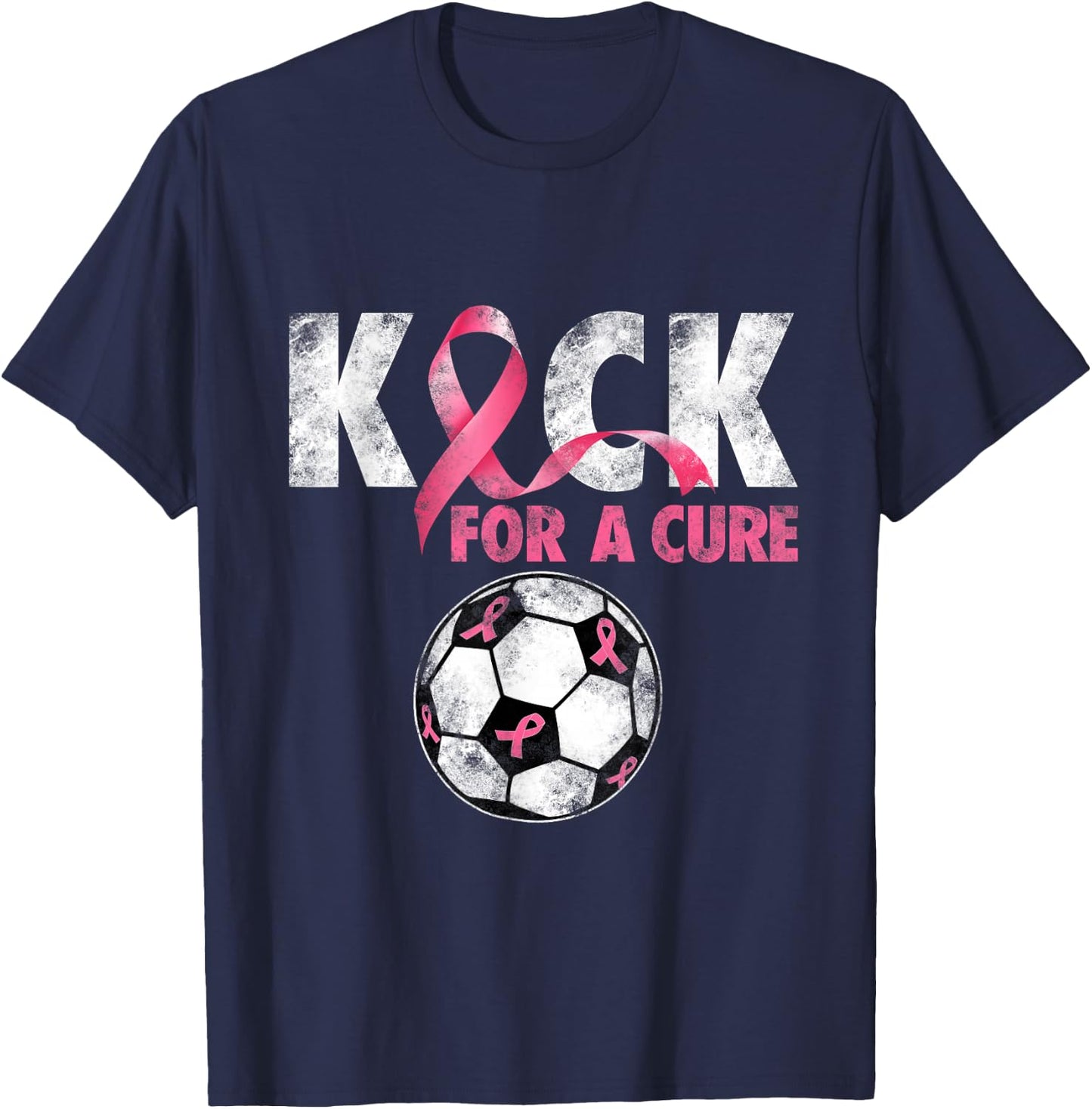 Kick For a Cure Breast Cancer Awareness Pink Ribbon Soccer T-Shirt - T-Shirt | Navy