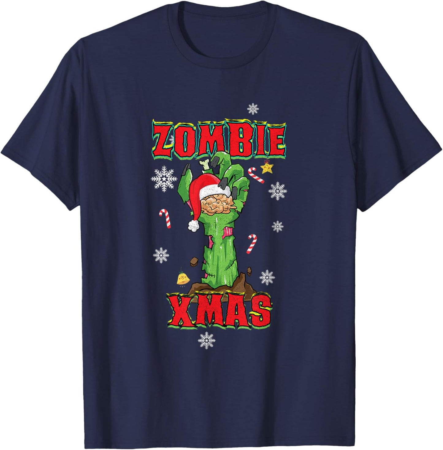 Zombie Xmas Merry Halloween Christmas Brains Zombie Hand T-Shirt - T-Shirt | Navy