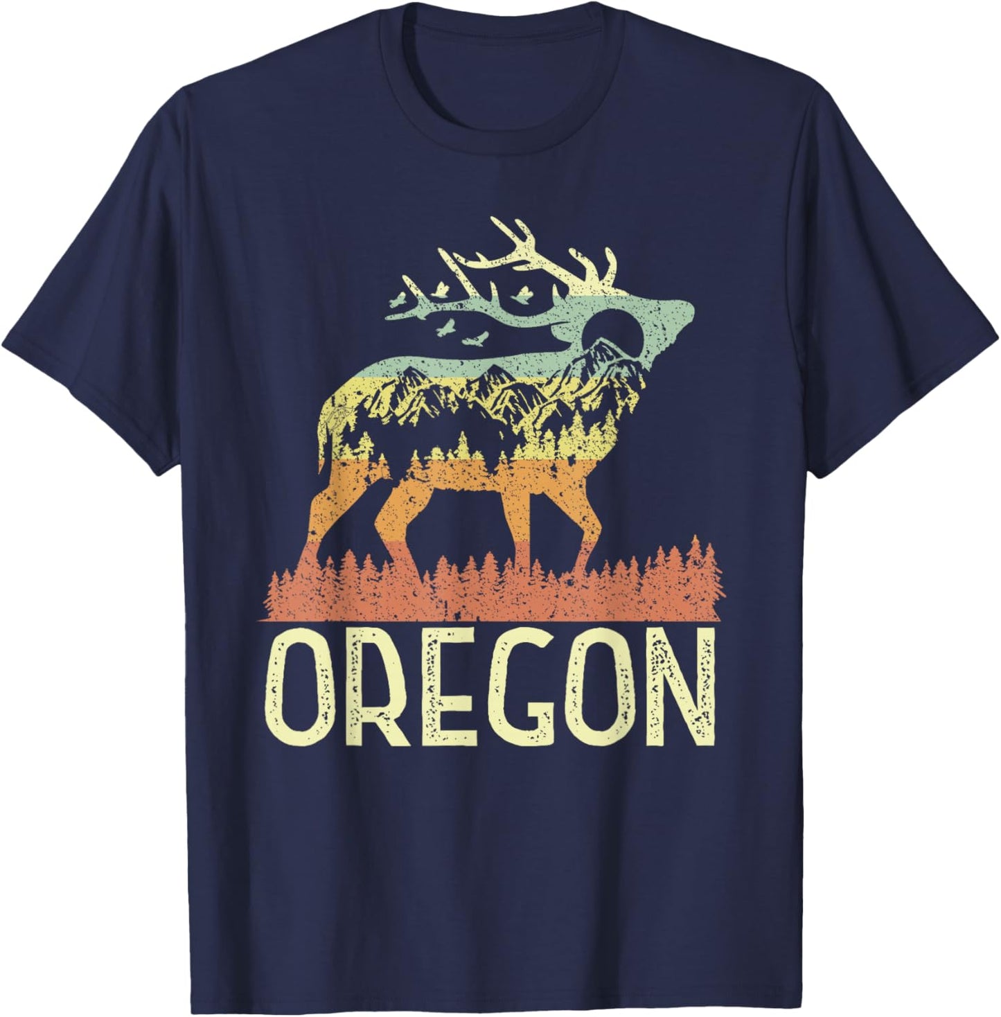 Oregon Retro Mountain Vintage Elk Hiking Men Women T-Shirt - T-Shirt | Navy