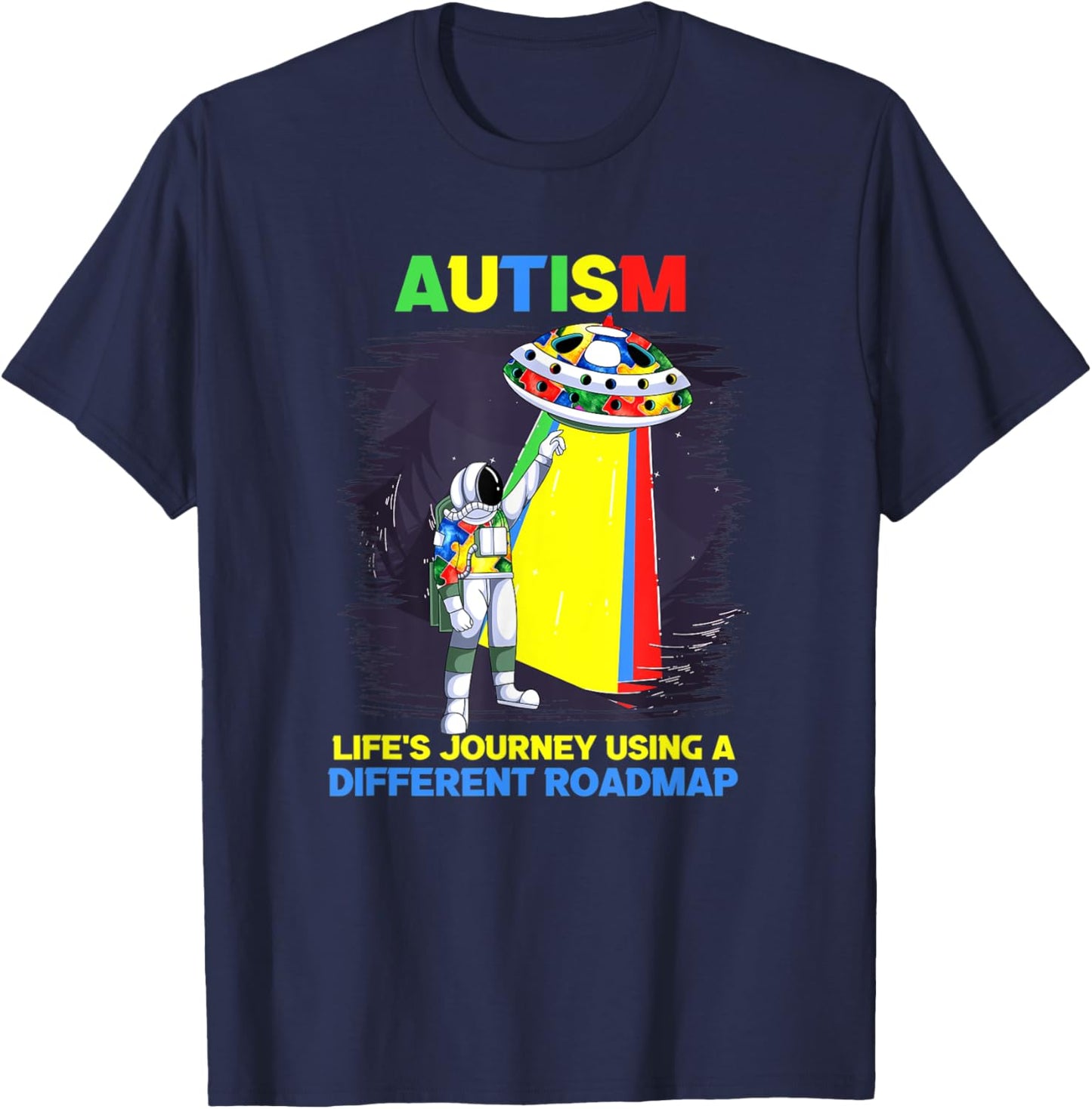 Cute Autism Astronaut Flying Saucer Life's Journey T-Shirt - T-Shirt | Navy