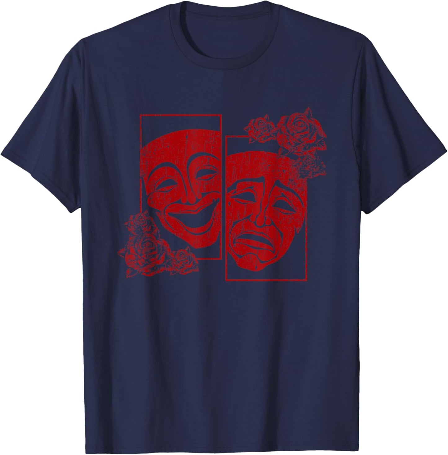 Theatre Mask Drama Comedy Soft Grunge Red Roses Aresthetic T-Shirt - T-Shirt | Navy