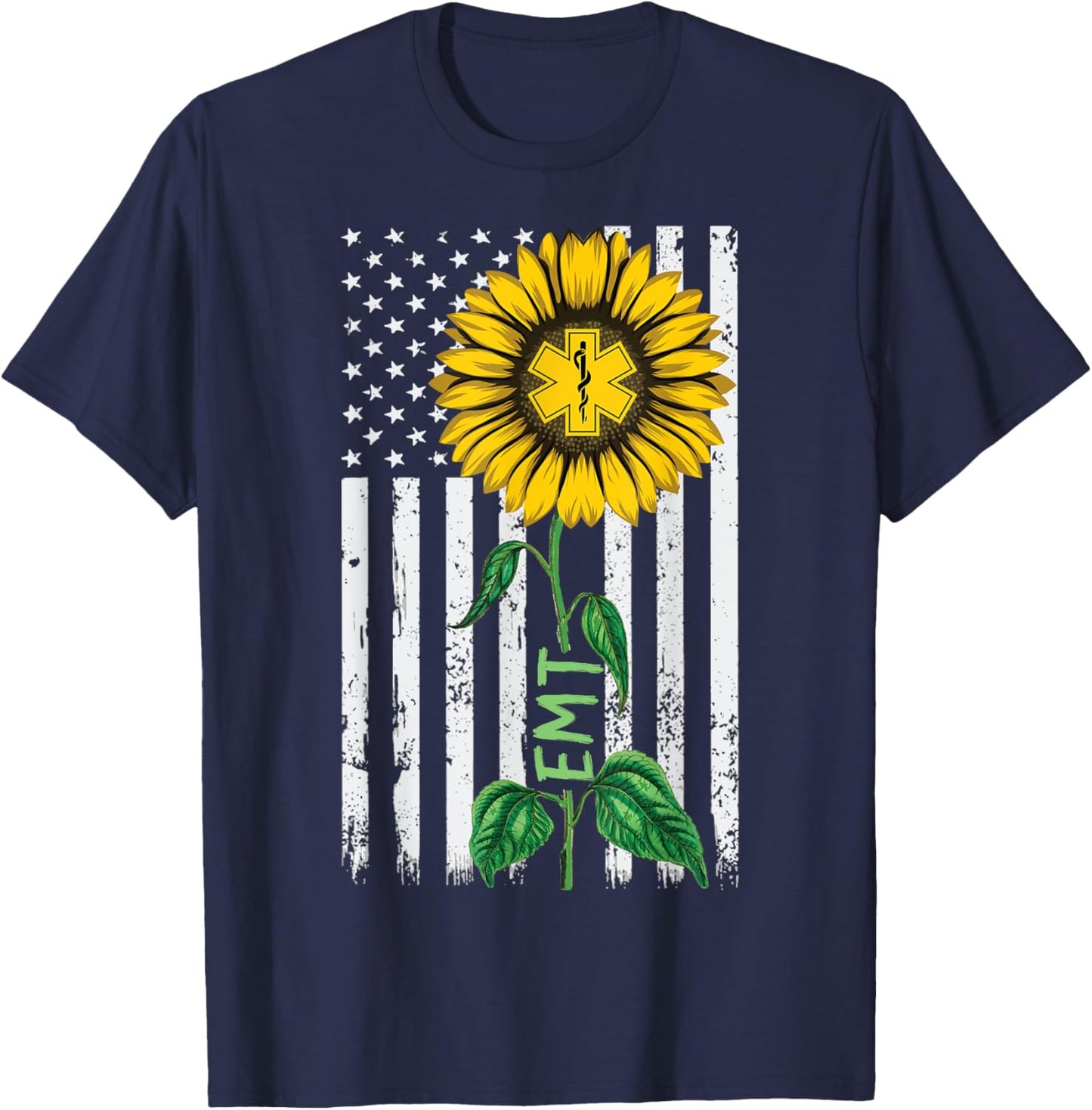 Vintage American Flag EMT Sunflower Hippie EMT Nurse Gifts Women Kids Men T-Shirt - T-Shirt | Navy