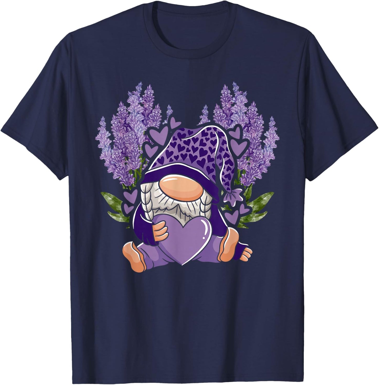 Lavender Gnome Gardening Floral Flower Purple Gnome T-Shirt - T-Shirt | Navy