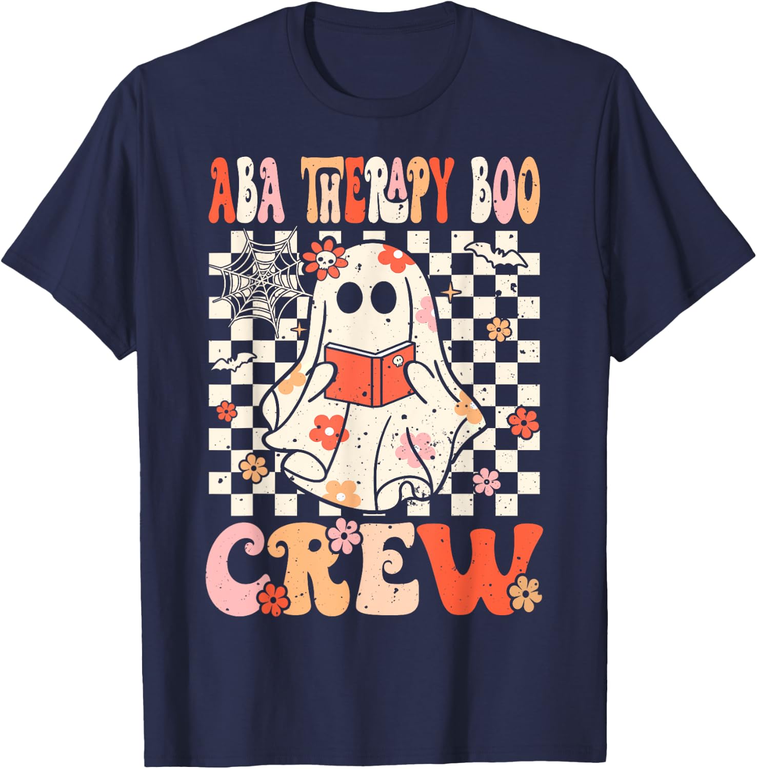 Groovy Boo ABA Therapy Crew Ghost Women Halloween T-Shirt - T-Shirt | Navy