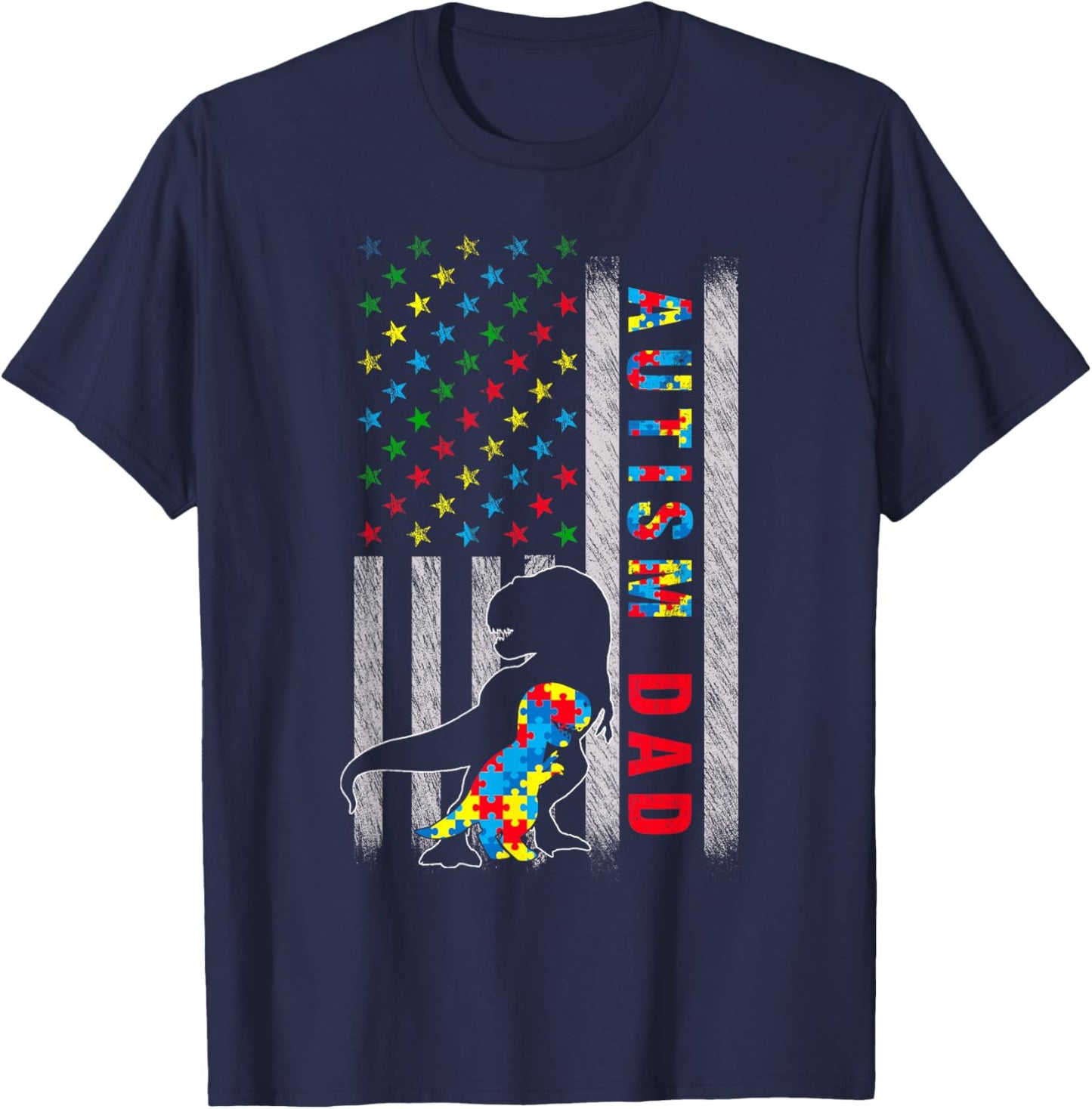 Autism Dad US Flag Dinosaur Autism Awareness T-Shirt - T-Shirt | Navy