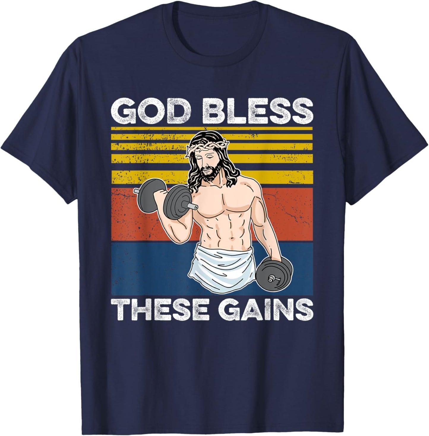 Funny Gym Shirt God Bless These Gains Fitness Workout Jesus T-Shirt - T-Shirt | Navy