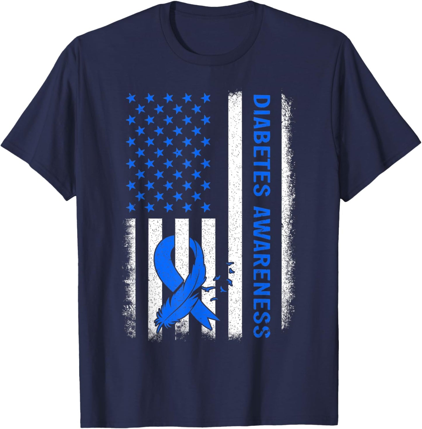 Type 1 Diabetes Awareness American US Flag Blue Ribbon Gift T-Shirt - T-Shirt | Navy