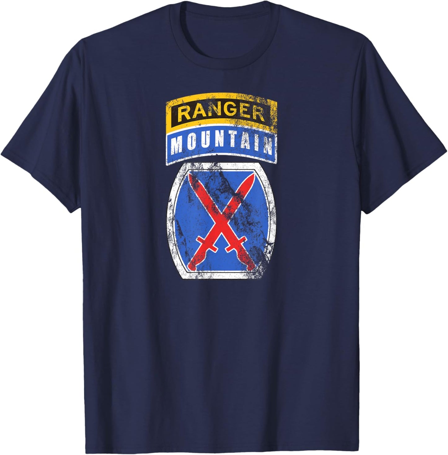 10th Mountain (MTN) Division Patch Ranger Tab Distressed T-Shirt - T-Shirt | Navy