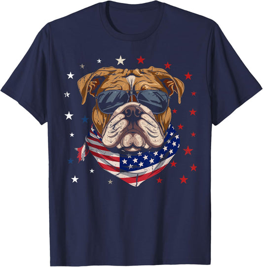 Patriotic American Bulldog USA Flag Dog 4th Of July Women Kids Men T-Shirt - T-Shirt | Navy