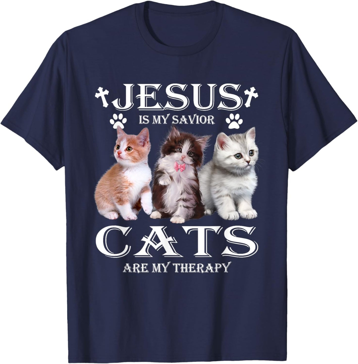 Jesus is My Savior Cats Are My Therapy Christians Cat Lover T-Shirt - T-Shirt | Navy