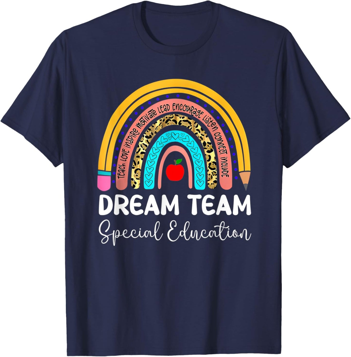 Dream Team Special Education Boho Rainbow Leopard SPED ECSE T-Shirt - T-Shirt | Navy