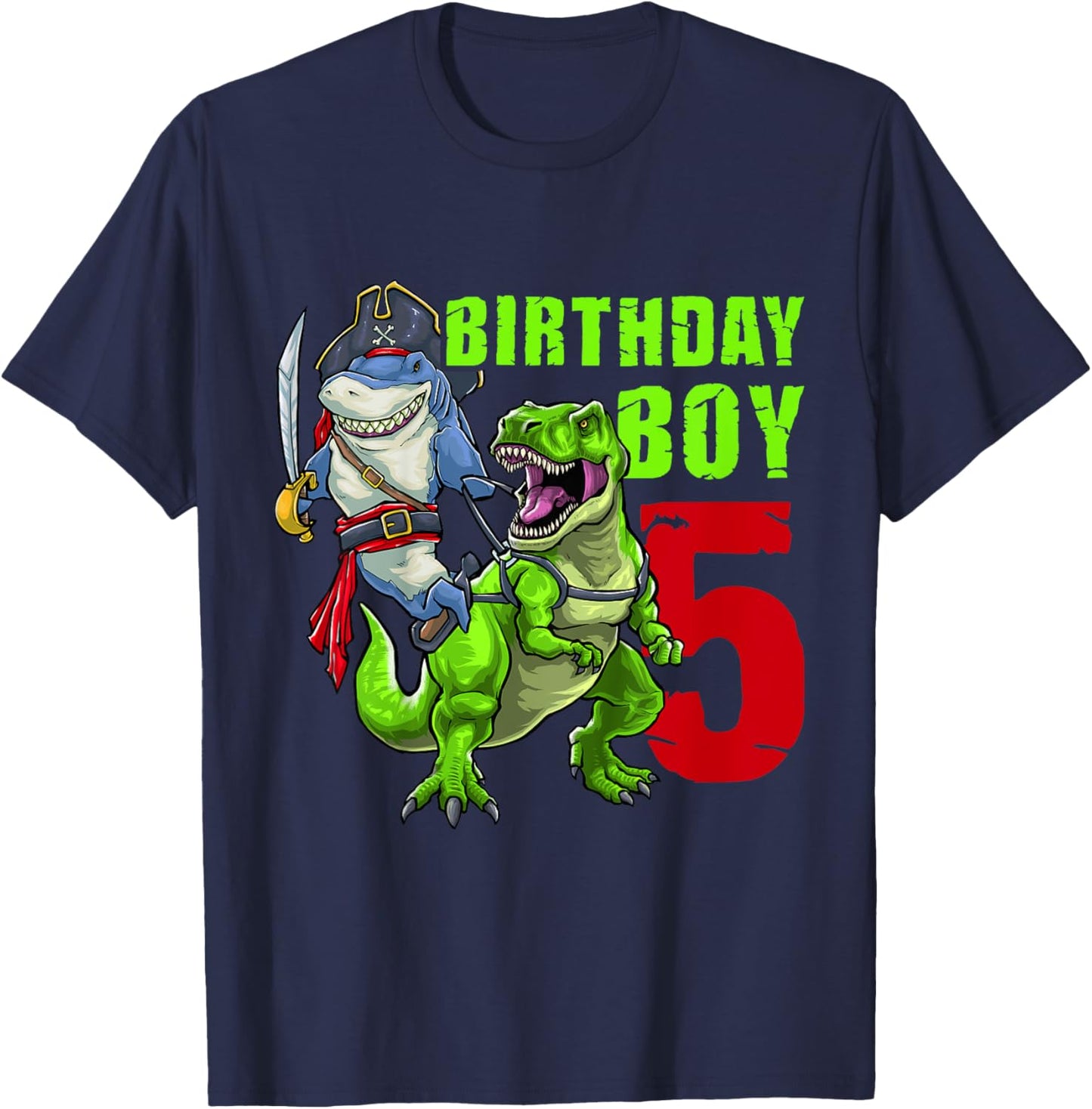 Kids 5th Birthday Boy 5 Years Old Dinosaur Pirate Shark T-Shirt - T-Shirt | Navy