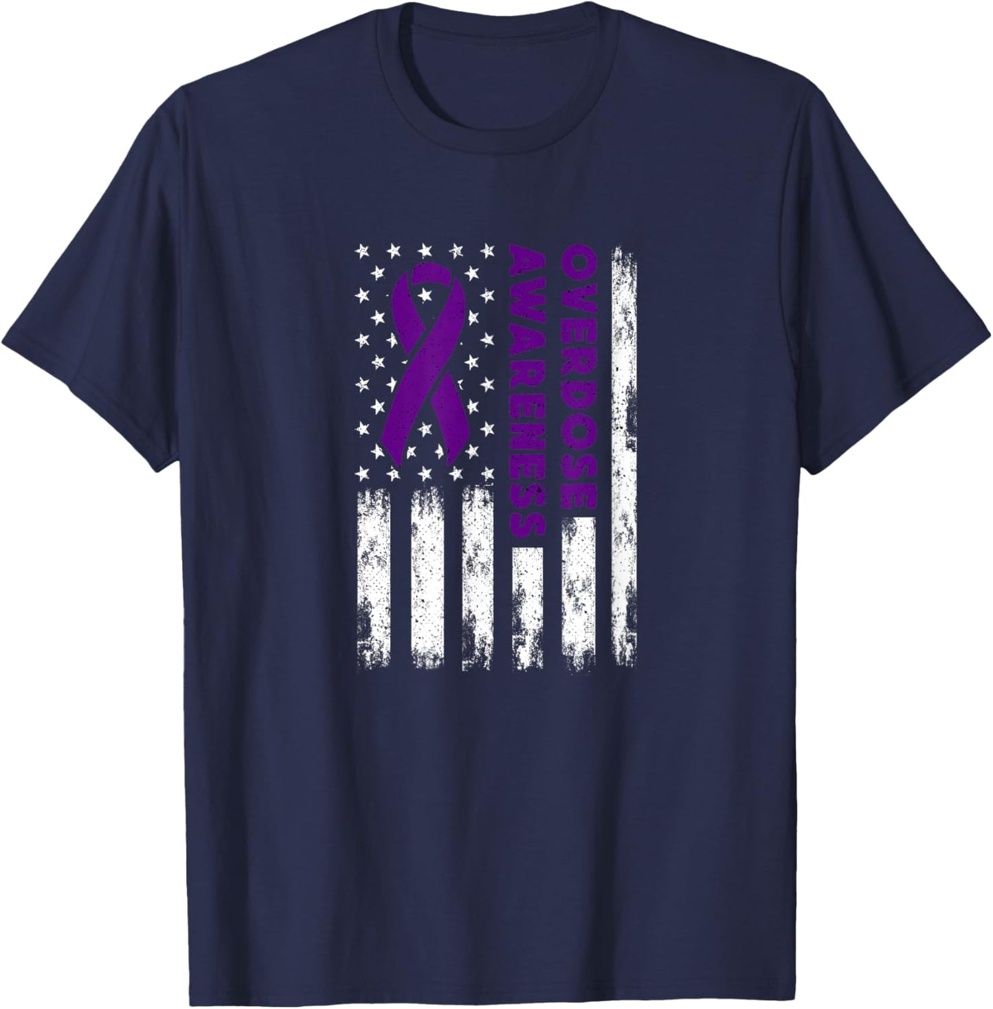 Overdose Awareness Flag Purple Ribbon Addiction Recovery T-Shirt - T-Shirt | Navy