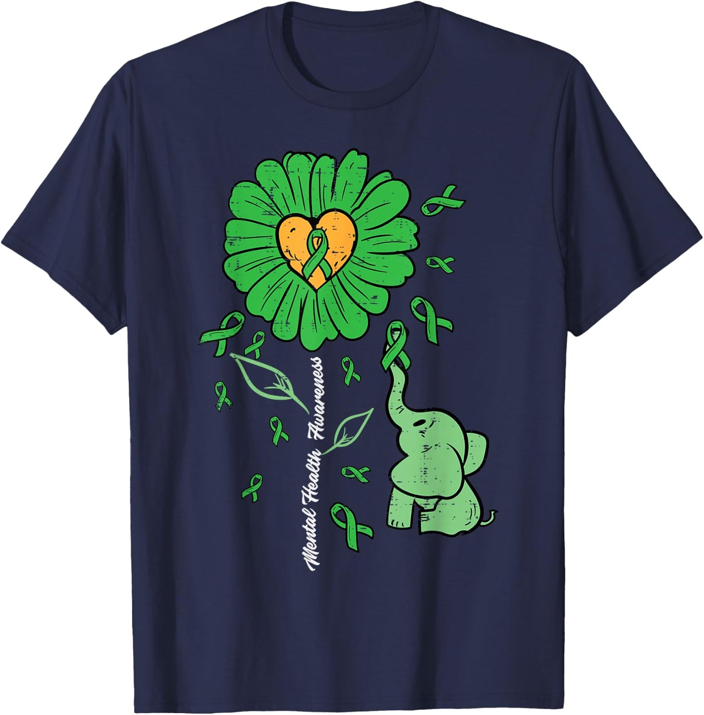 Mental Health Elephant Flower Ribbon Awareness Women Kids T-Shirt - T-Shirt | Navy