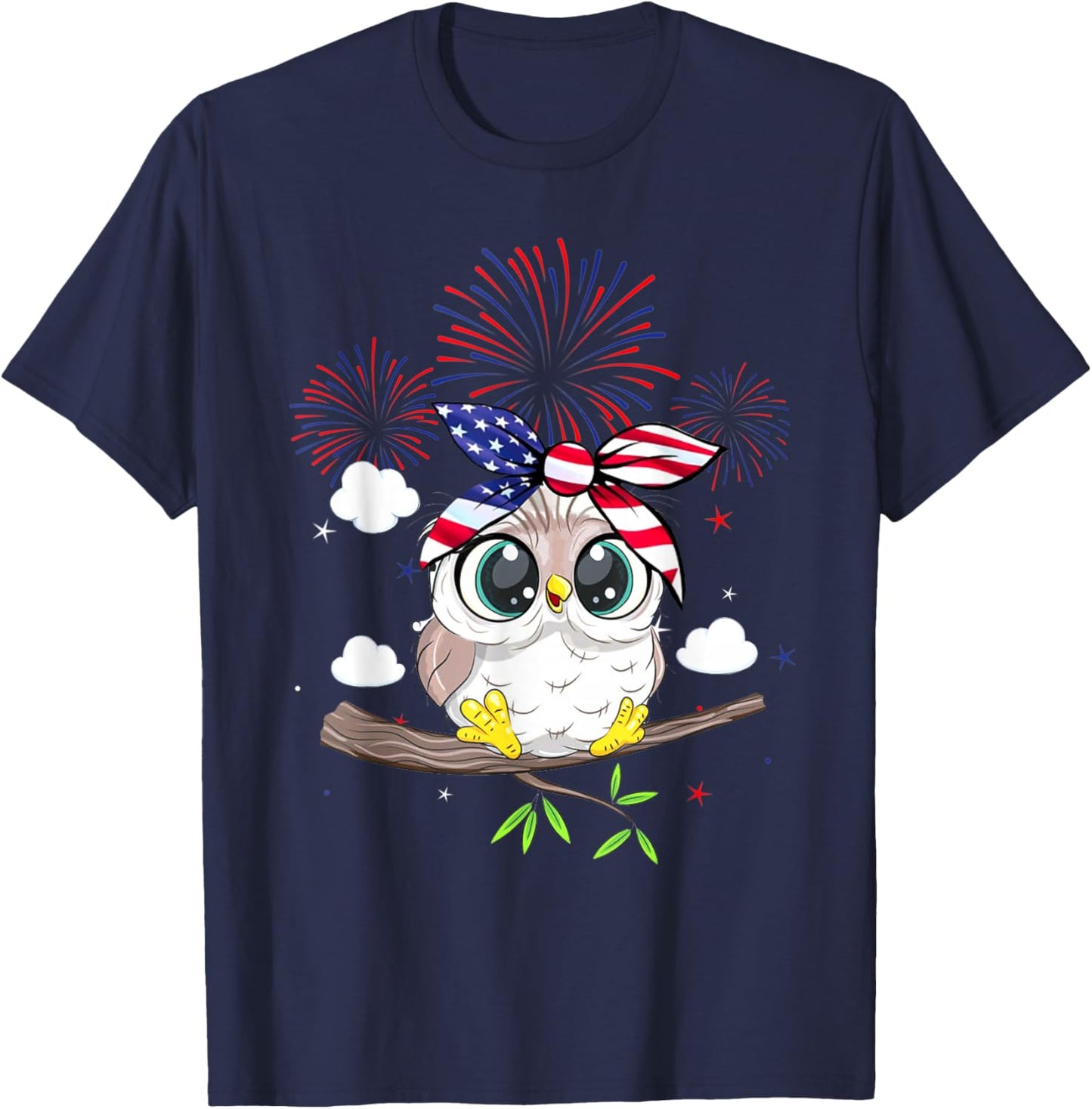 Snowy Owl Graphic Red White Blue Fireworks Decor 4th Of July Kids Men T-Shirt - T-Shirt | Navy
