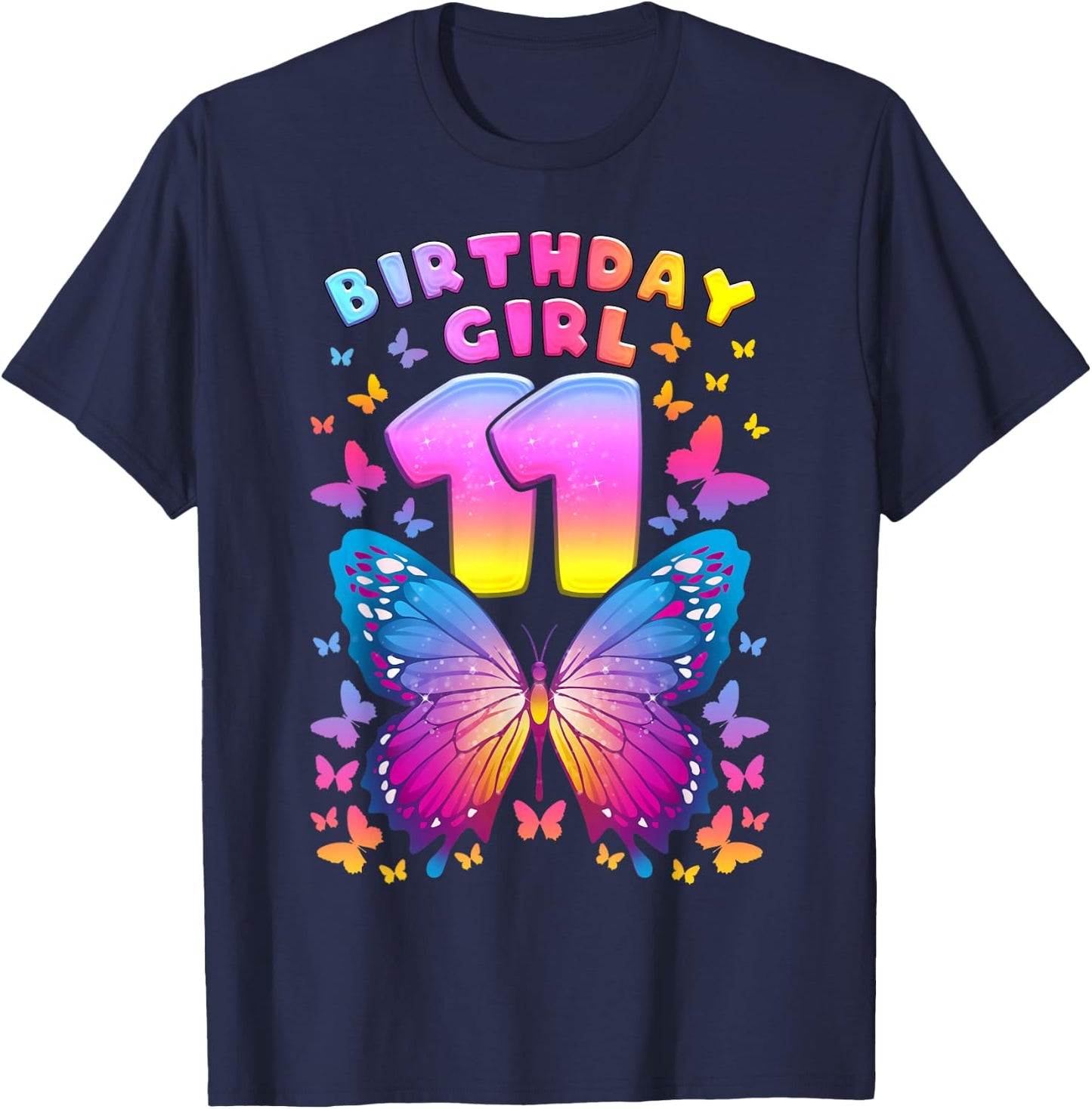 11th Birthday Girl Age 11 Butterfly Number 11 T-Shirt - T-Shirt | Navy