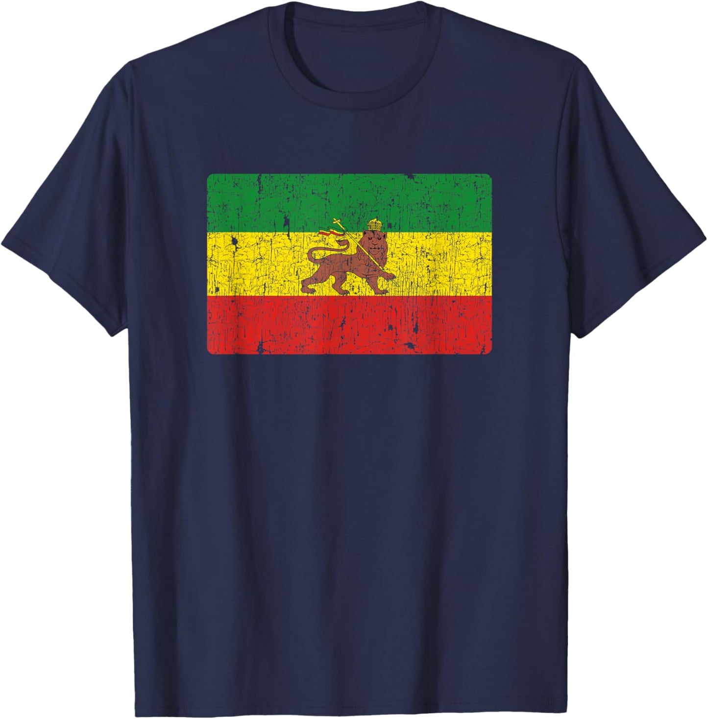 Vintage Rastafari Ethiopian Lion Ethiopia Rasta Pride Flag T-Shirt - T-Shirt | Navy