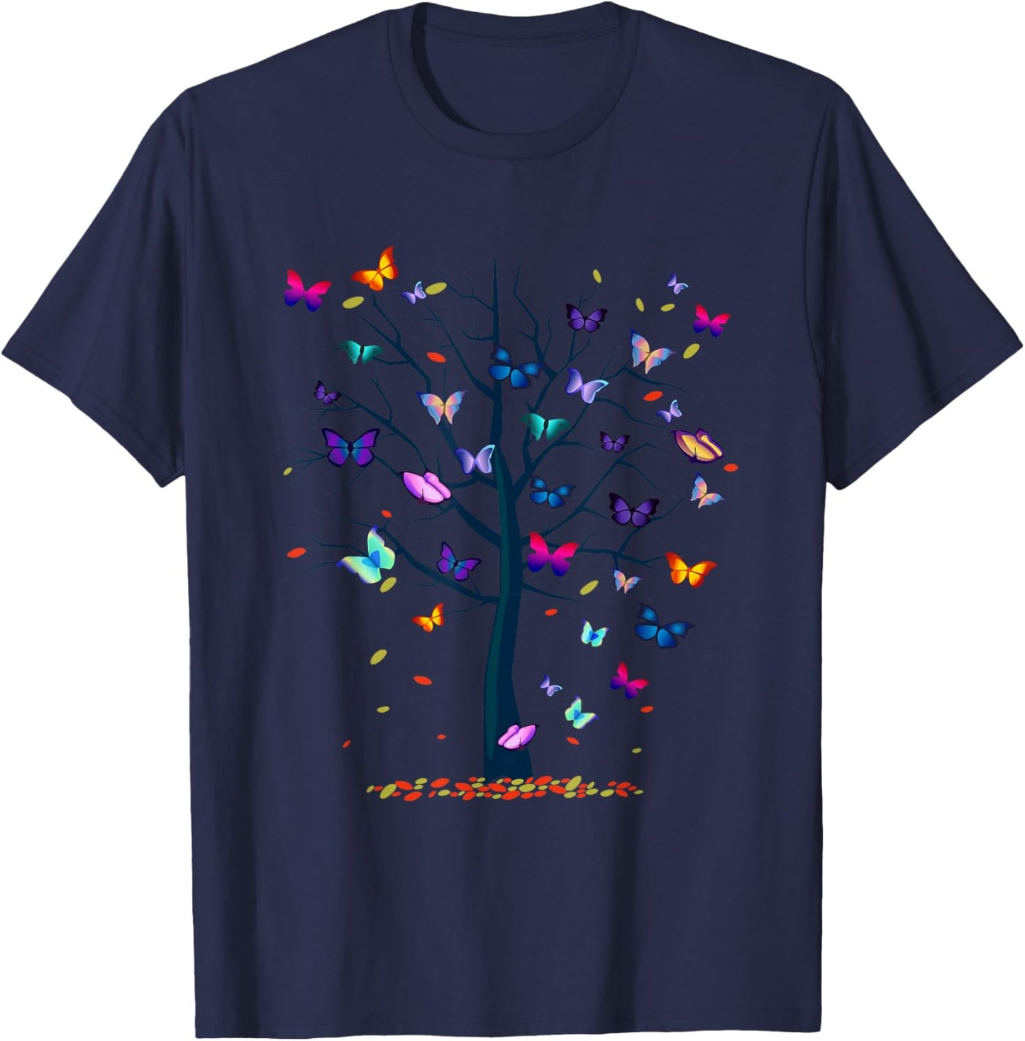 A & E C Butterfly Tree Beautiful Women's Black Butterfly Graphic T-Shirt - T-Shirt | Navy