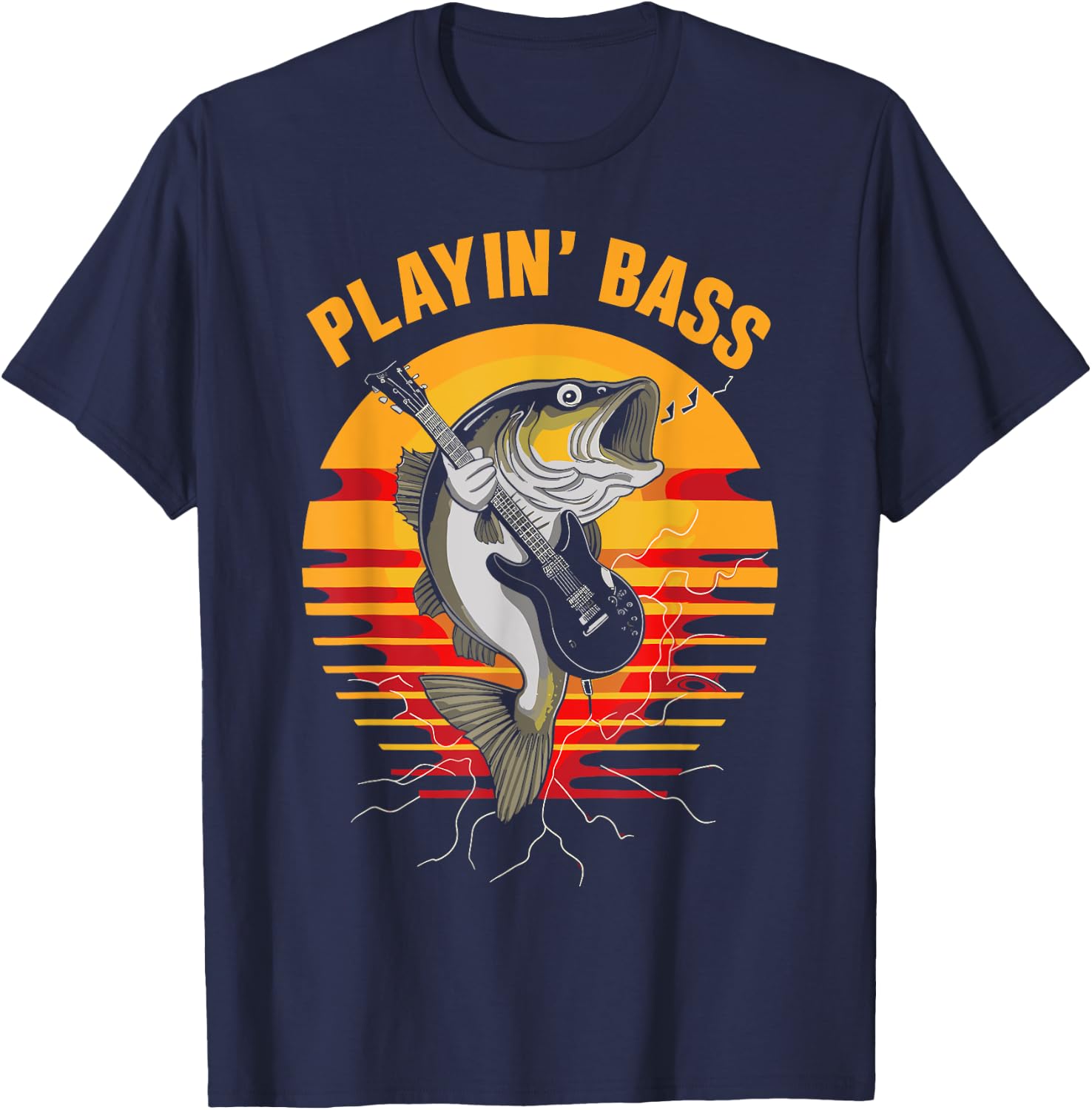Playin' Bass - Fun Fishing Guitar and Music Retro T-Shirt - T-Shirt | Navy