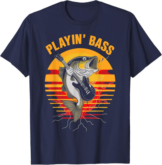 Playin' Bass - Fun Fishing Guitar and Music Retro T-Shirt - T-Shirt | Navy
