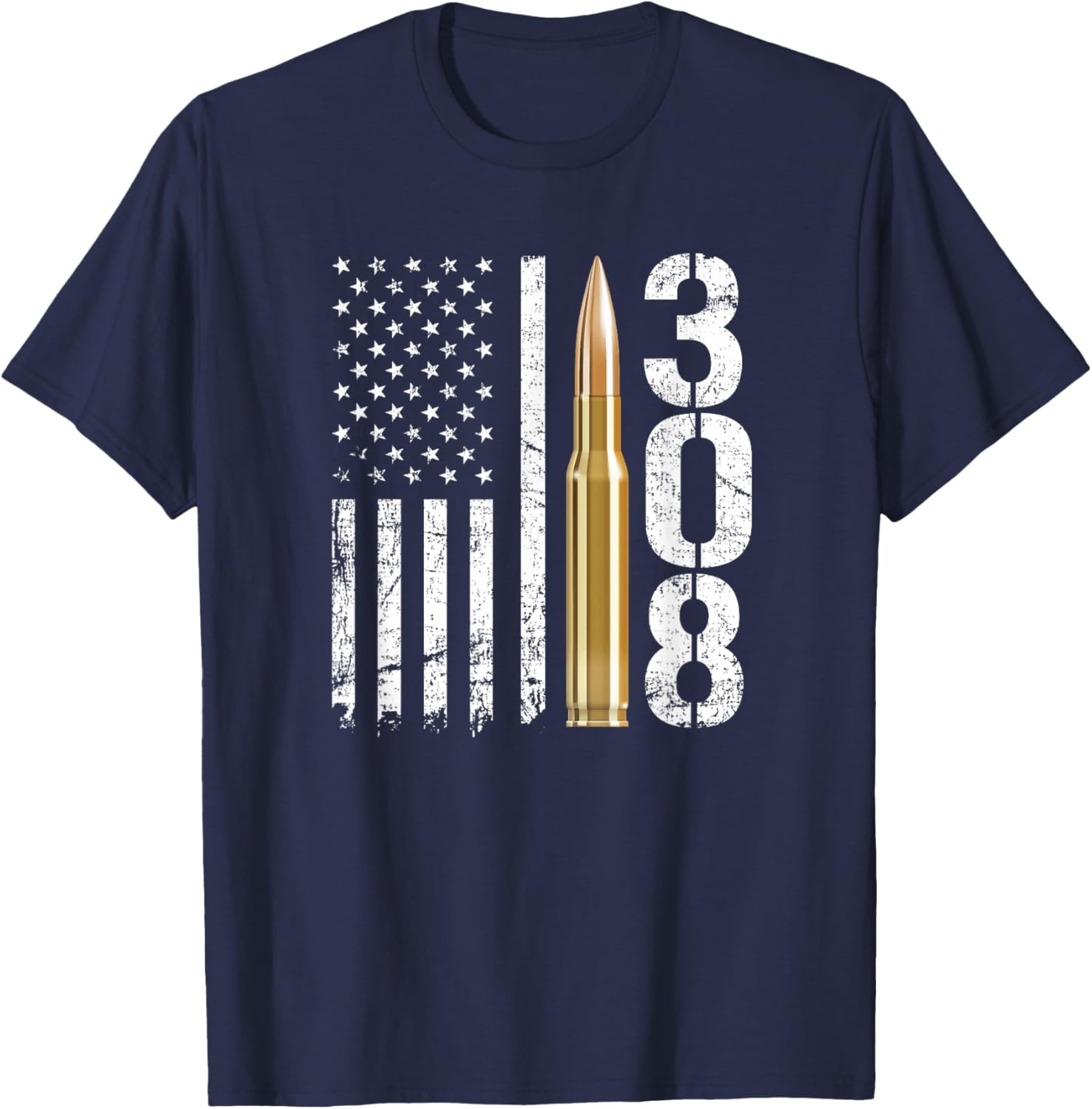 .308 Gun Ammo Bullet 308 Calibre Rifle USA Flag T-Shirt - T-Shirt | Navy