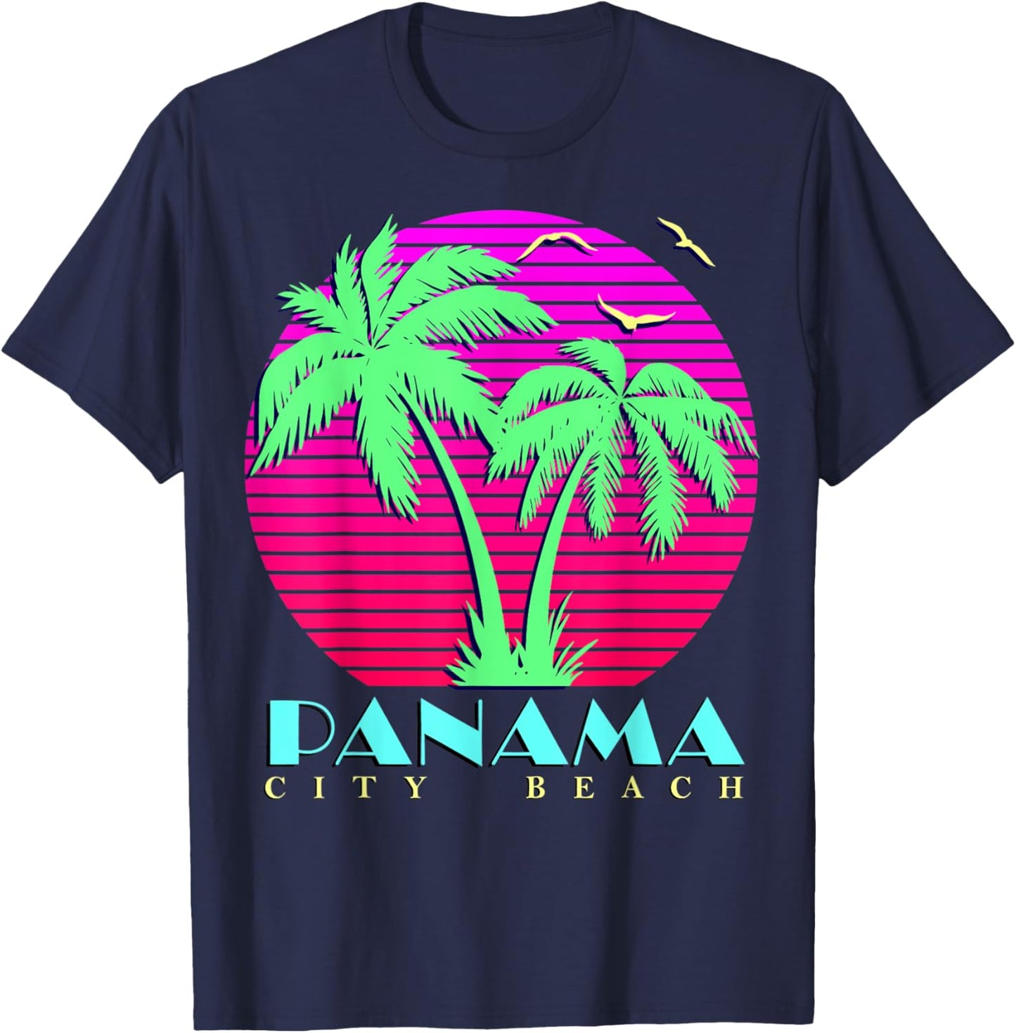 Panama City Beach 80s Palm Trees Summer Sunset sun T-Shirt - T-Shirt | Navy