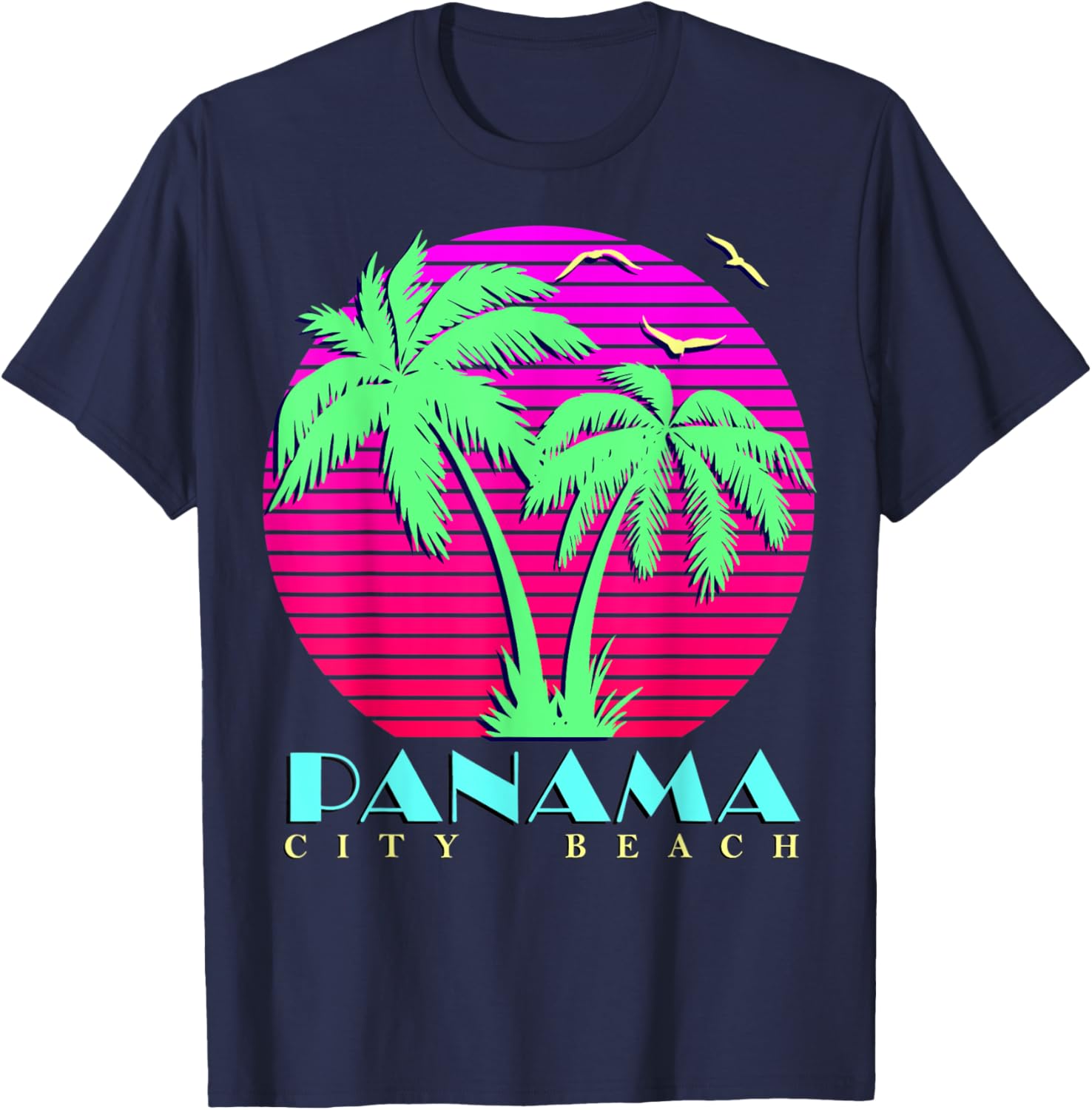 Panama City Beach 80s Palm Trees Summer Sunset sun T-Shirt - T-Shirt | Navy