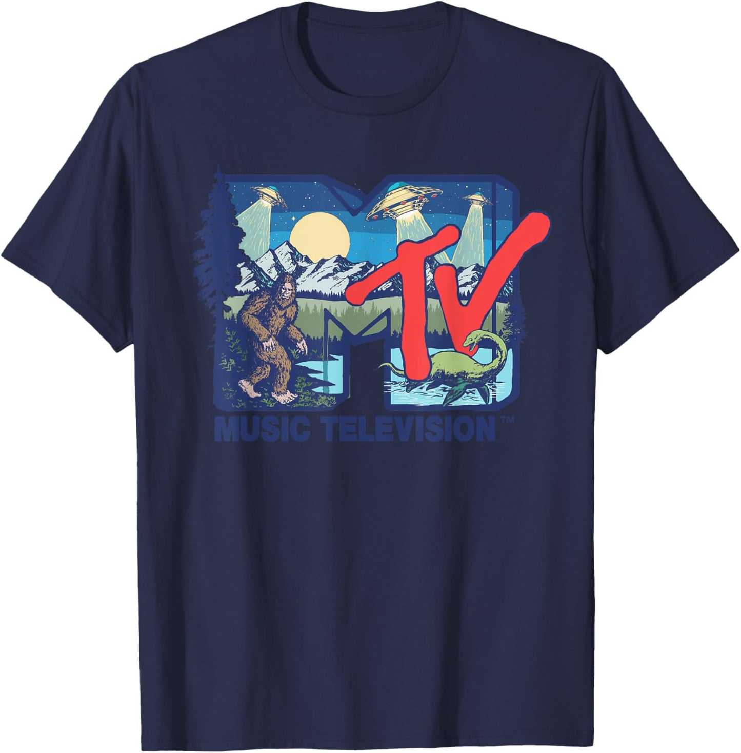 Mademark x MTV - Cryptid MTV Logo Featuring Bigfoot, UFO, Aliens & Nessie T-Shirt - T-Shirt | Navy