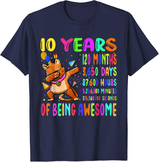 Dabbing Cat 10 Years 120 Months Boy Girl 10th Birthday Party T-Shirt - T-Shirt | Navy