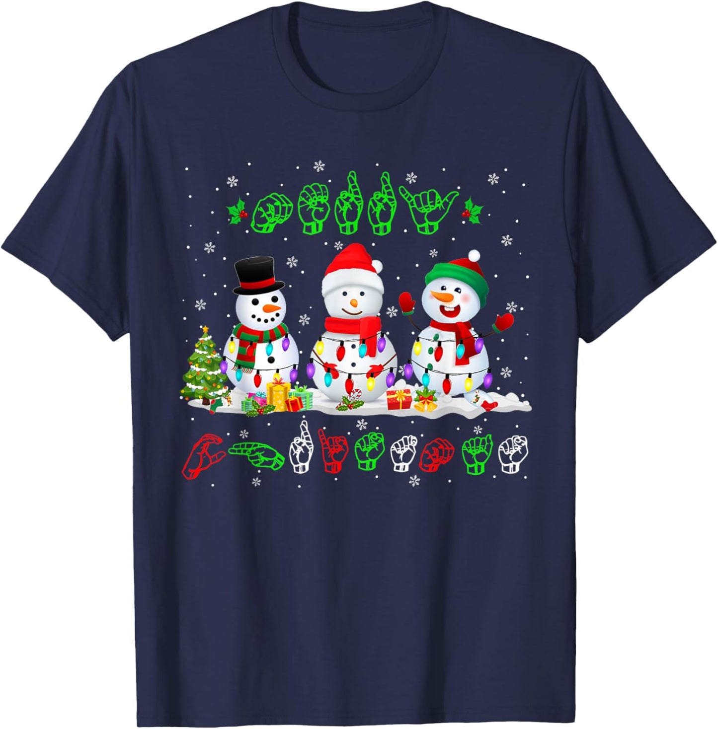 Christmas Lights Merry Christmas Snowman ASL Sign Language T-Shirt - T-Shirt | Navy