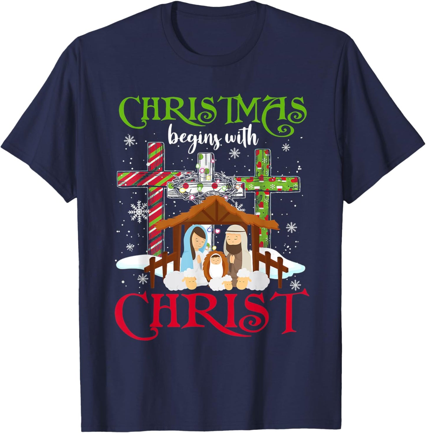 Christmas Begins With Christ Snowman Christian Cross Xmas T-Shirt - T-Shirt | Navy