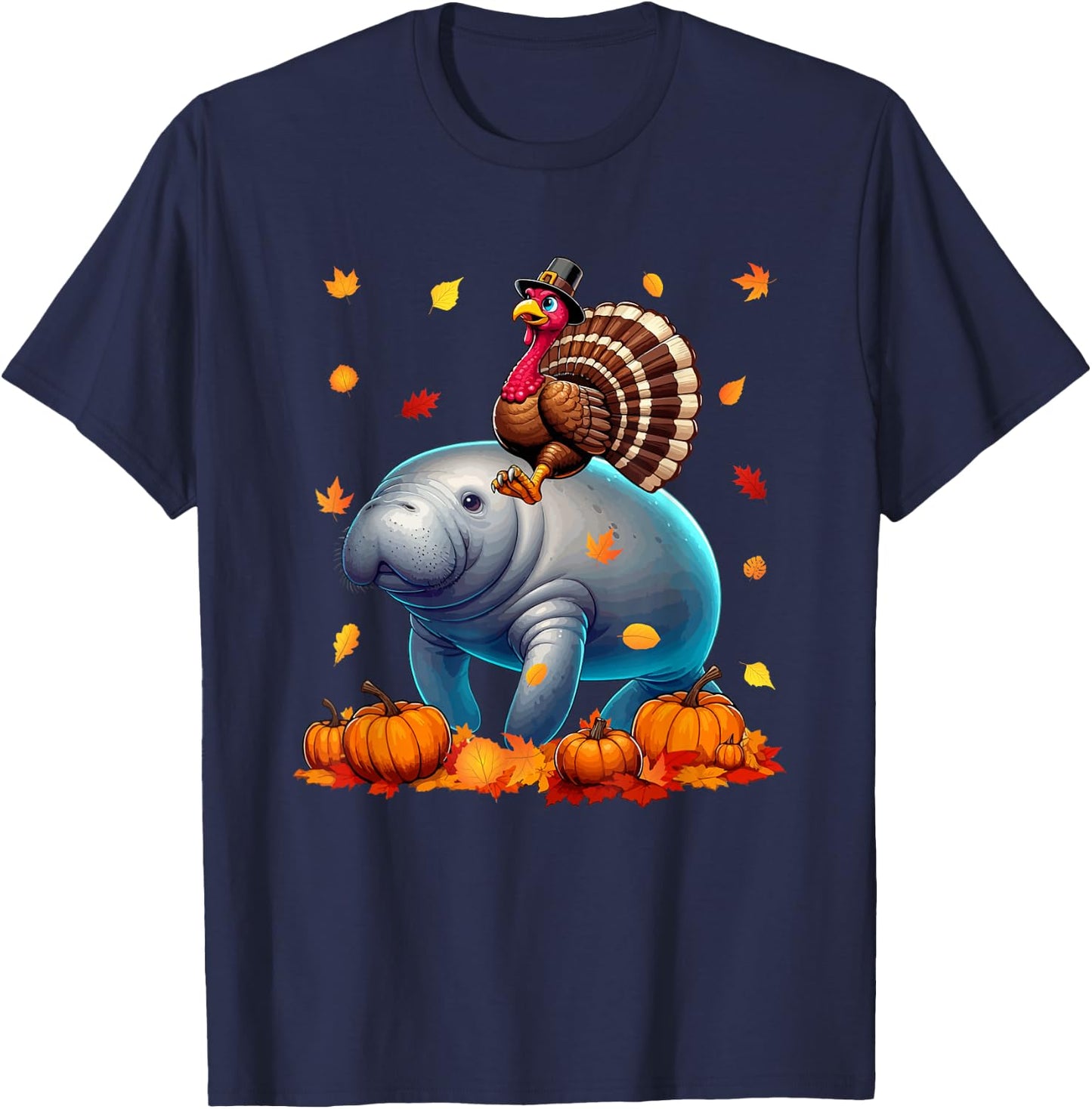 Turkey Riding Manatee Thanksgiving Fall Leaves Pumpkins T-Shirt - T-Shirt | Navy