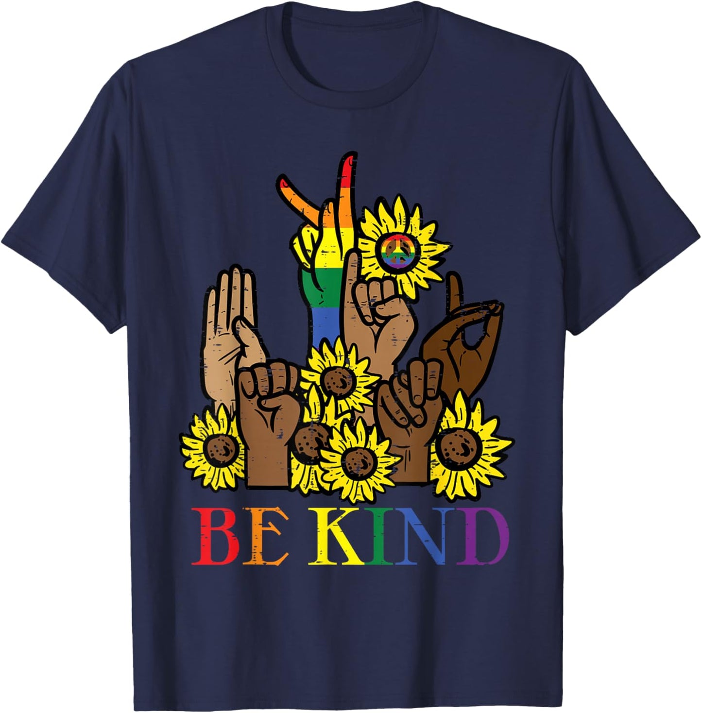 Be Kind Sunflower Black Pride Sign Language Gay Ally T-Shirt - T-Shirt | Navy