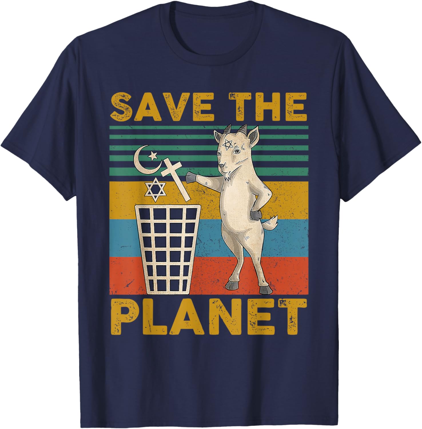 Satanic Goat Hail Satan Save The Planet T-Shirt - T-Shirt | Navy