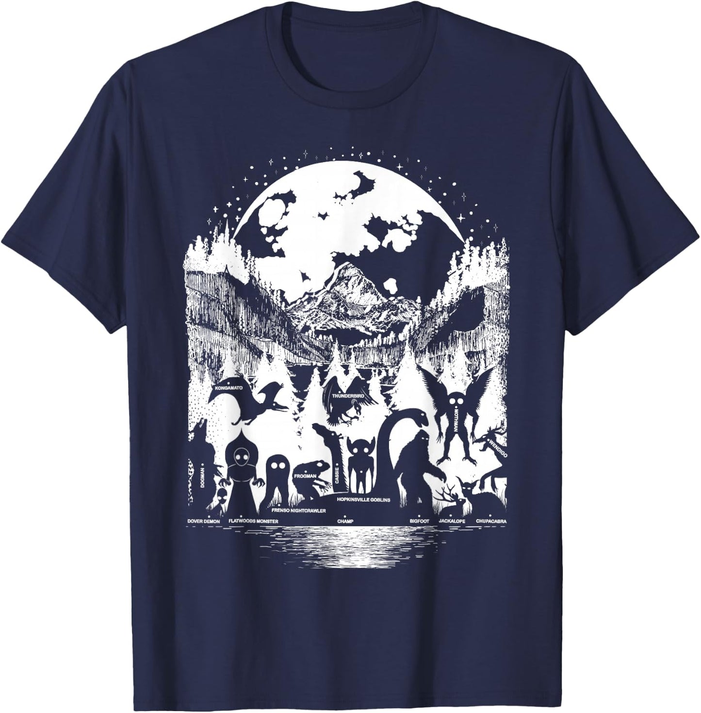Cryptid Monsters Bigfoot Mothman Dogman Moon Cryptozoology T-Shirt - T-Shirt | Navy