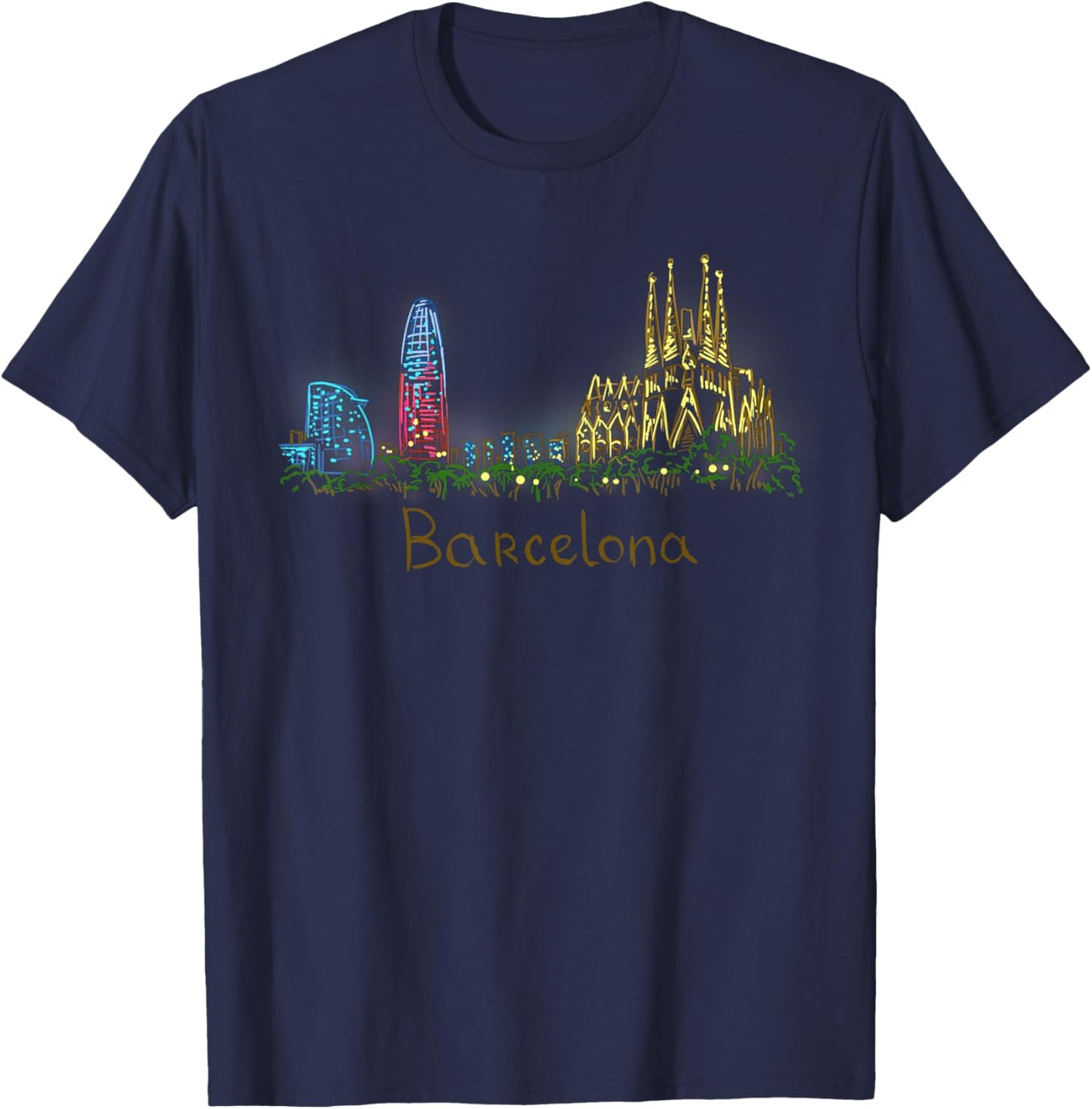 Barcelona in night Unique Hand Drawn Art T-Shirt - T-Shirt | Navy