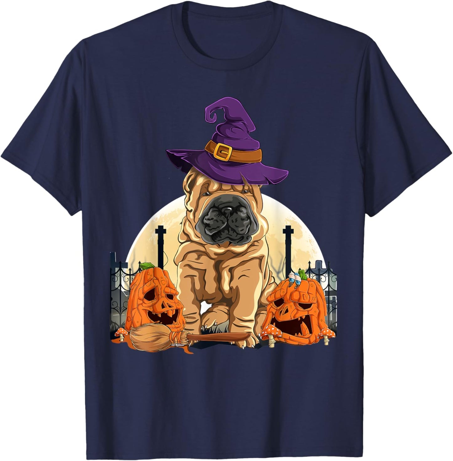 Shar-Pei Halloween Pumpkin & Moon For Dog Lover Shar Pei T-Shirt - T-Shirt | Navy
