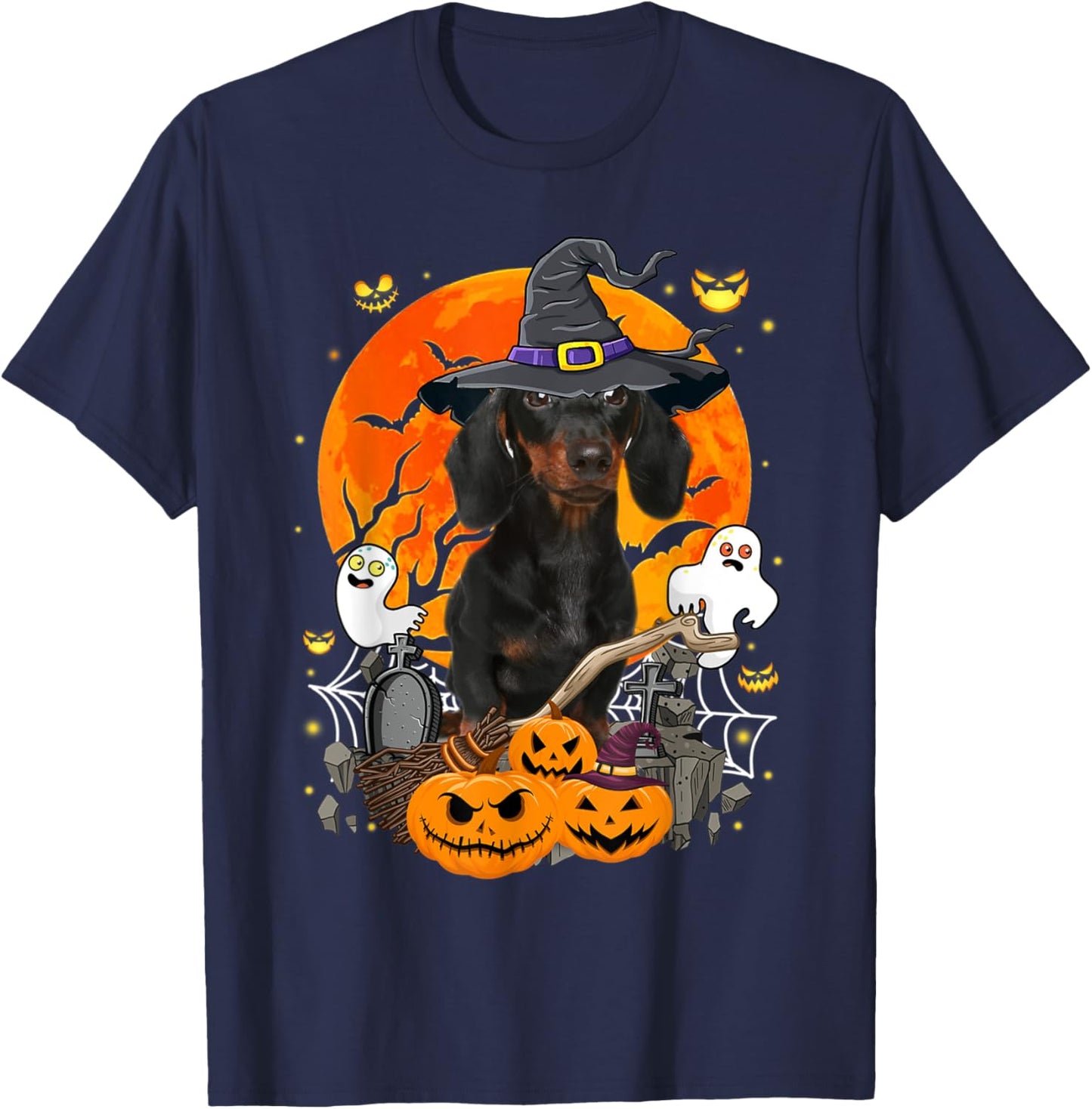 Witchy Dachshund Dog Moon Ghosts Pumpkins Halloween Costume Men Women Kids T-Shirt - T-Shirt | Navy